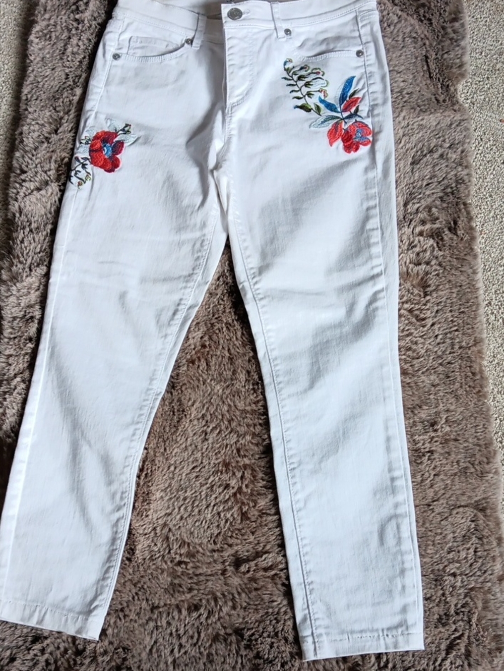 Ann Taylor Loft White Skinny Jeans with Red & Blue Floral Embroidery